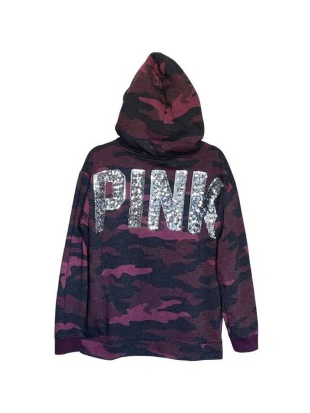 Victorias Secret Pink Hoodie Womens M Camo Sequin Logo Sherpa-Lined